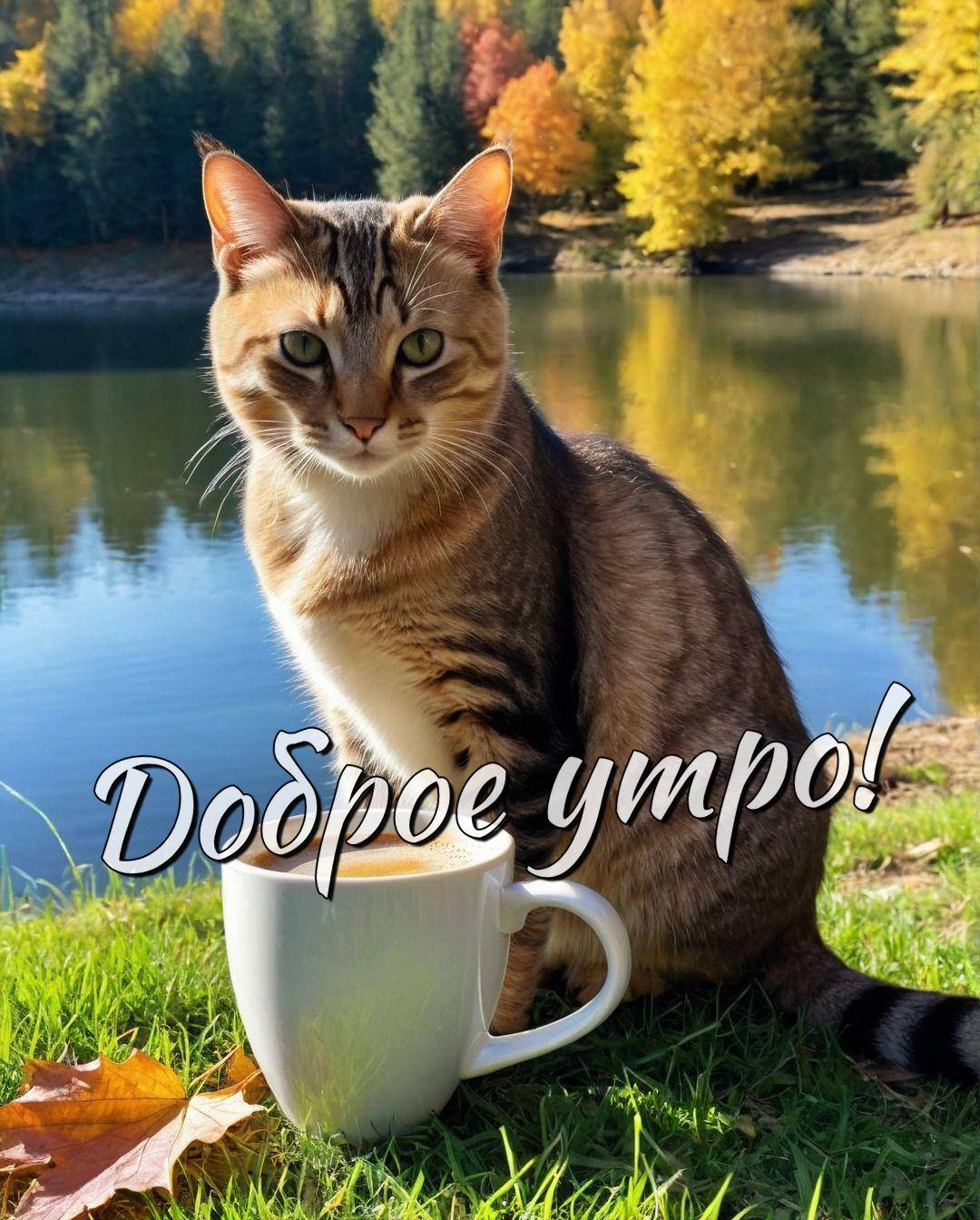 Утро, кот с полосатой шерстью и чашка кофе на траве
