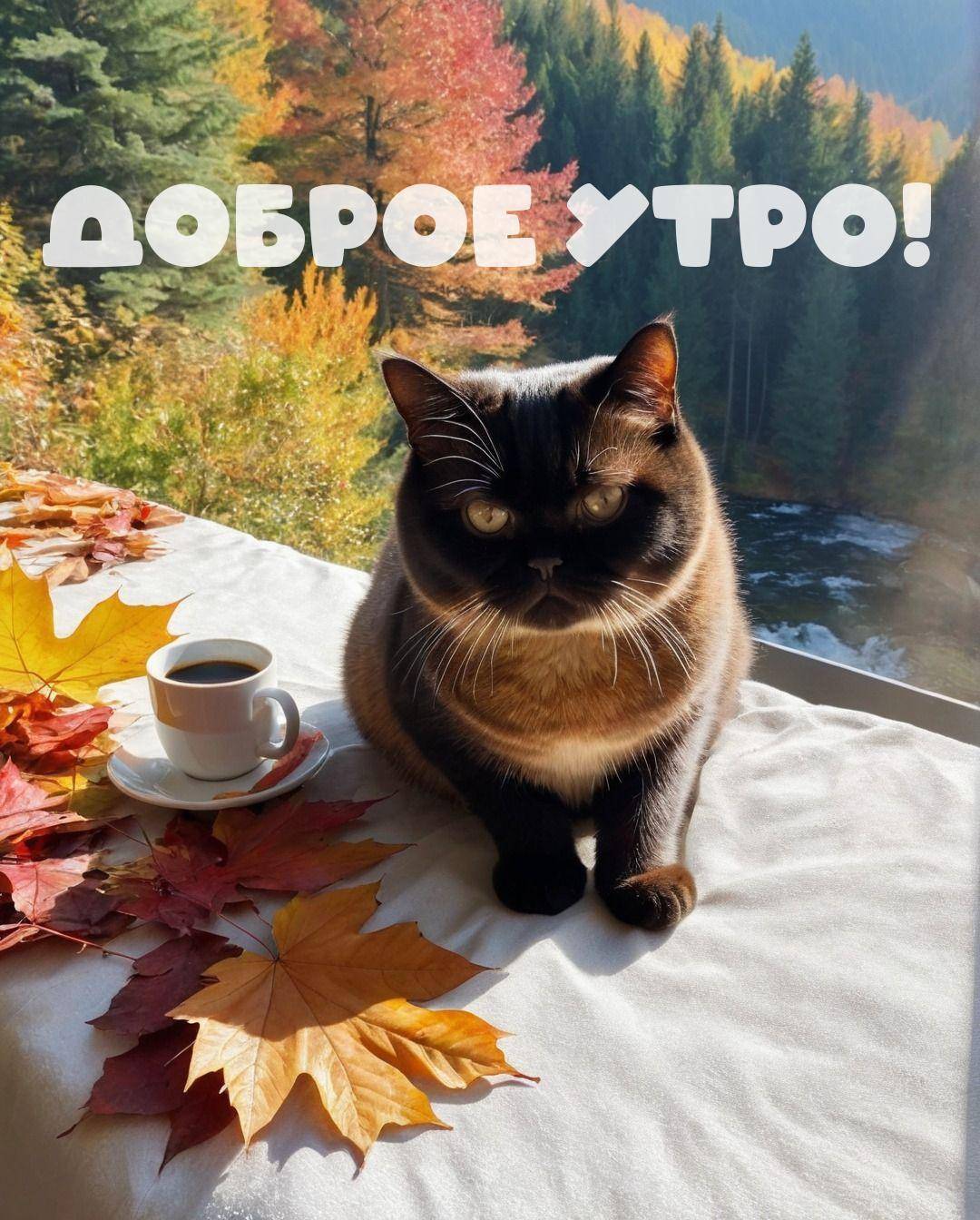 Утро, кот с темной мордочкой сидит на столе