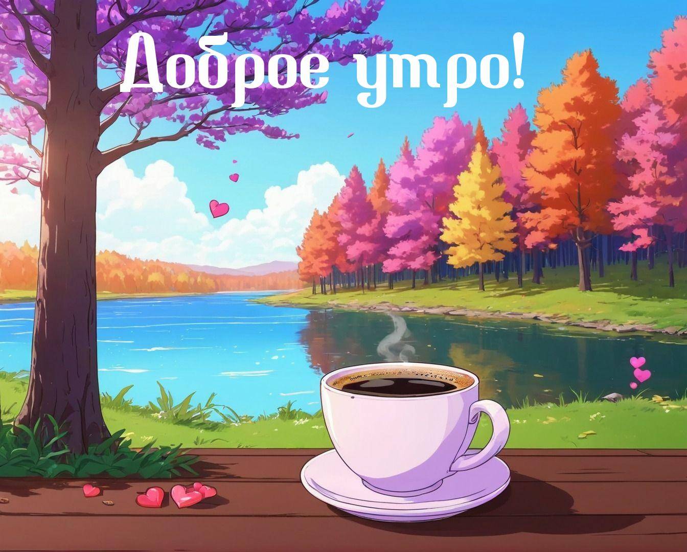 Утро, [Красивая природа, стол с кофе и сердечками у озера]