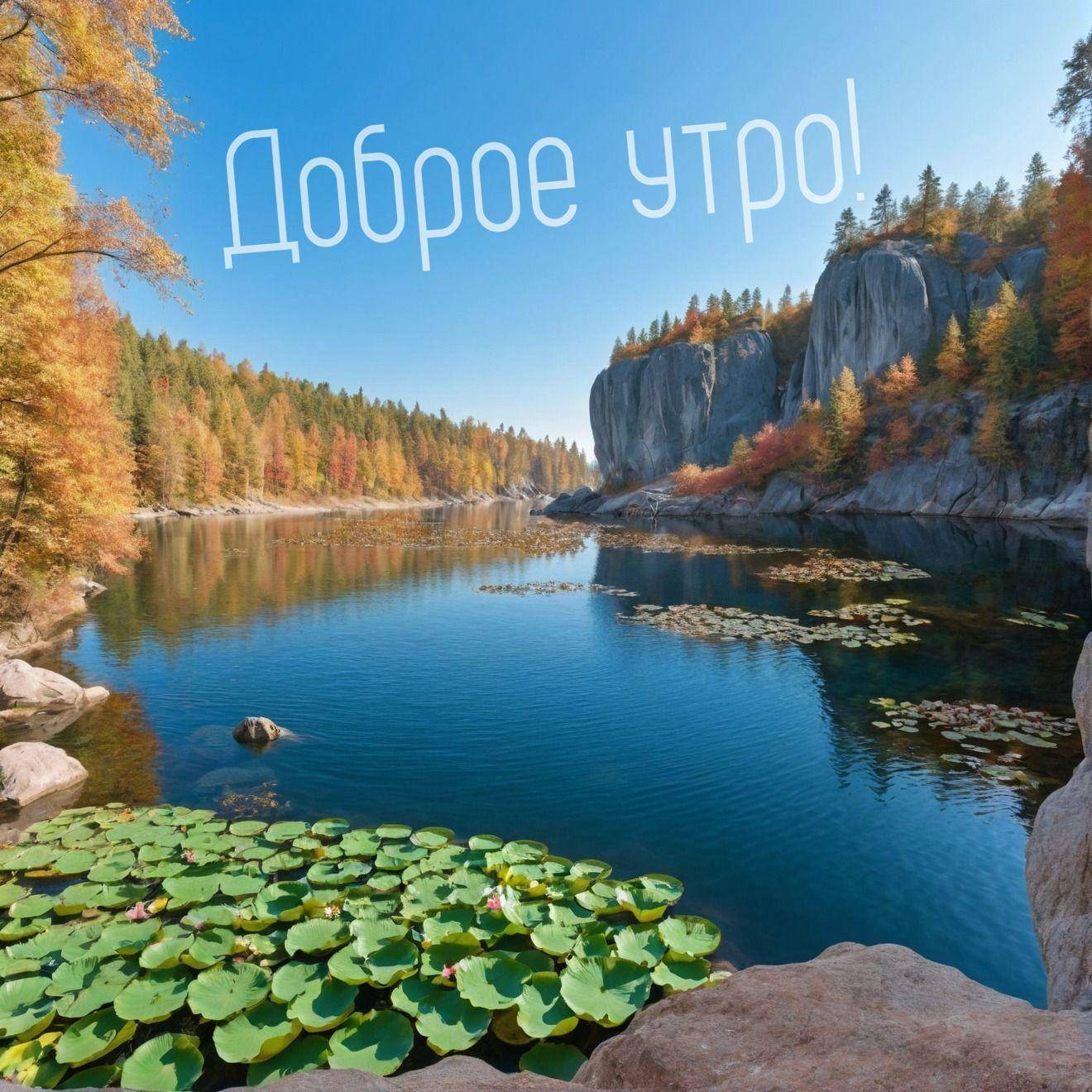 Утро, красивый осенний пейзаж с озером и лесом