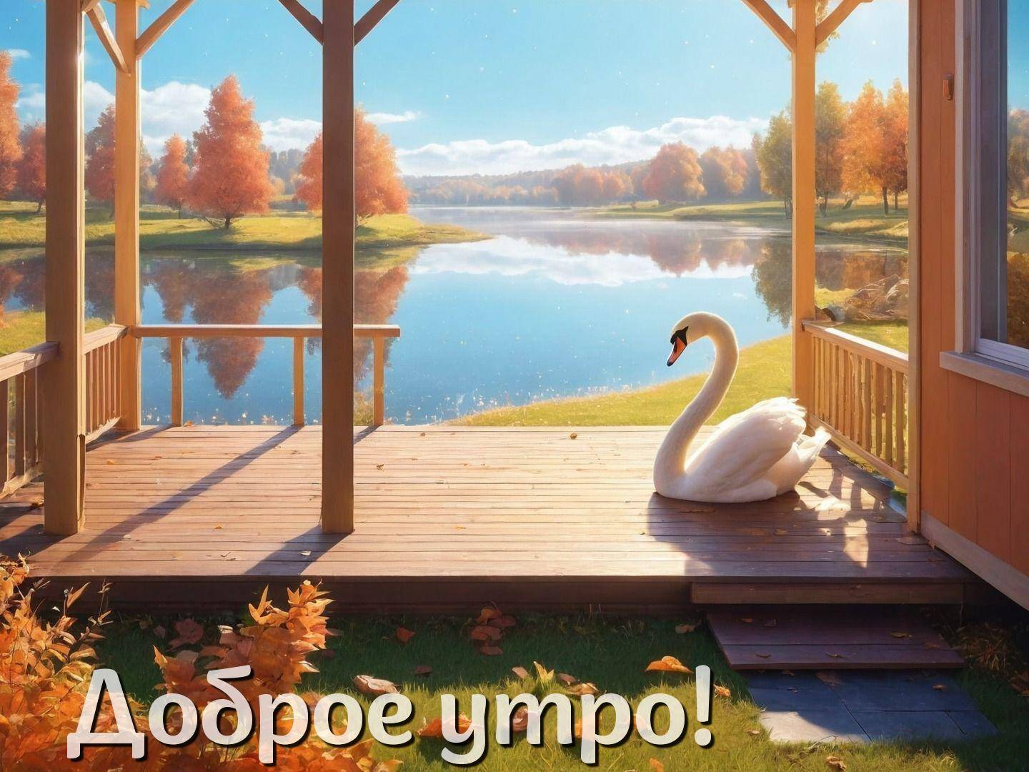 Утро, крыльцо дома с лебедем, осенняя сцена