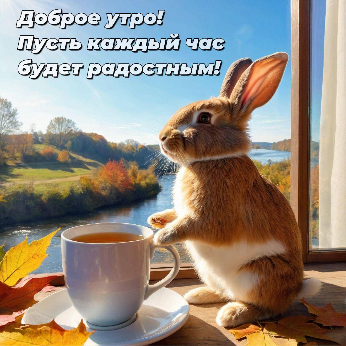 Утро, кролик на подоконнике с чашкой чая на фоне осенней природы