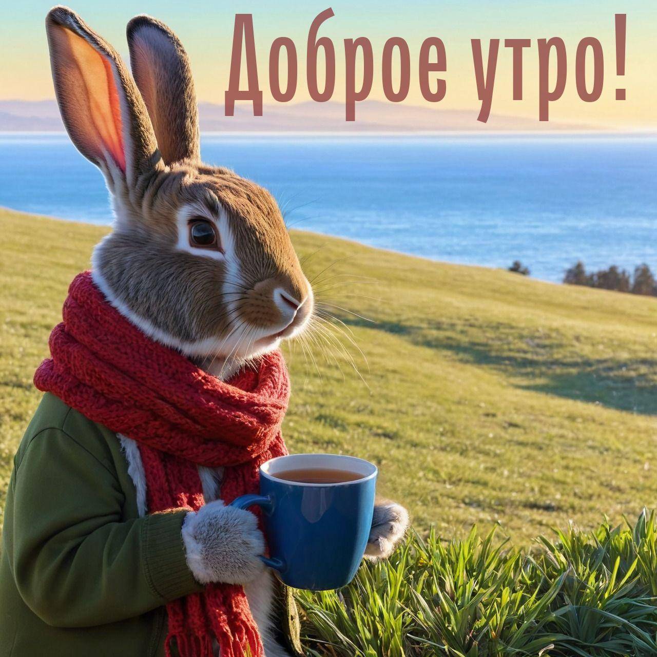 Утро, кролик в одежде с чашкой в руках на фоне пейзажа