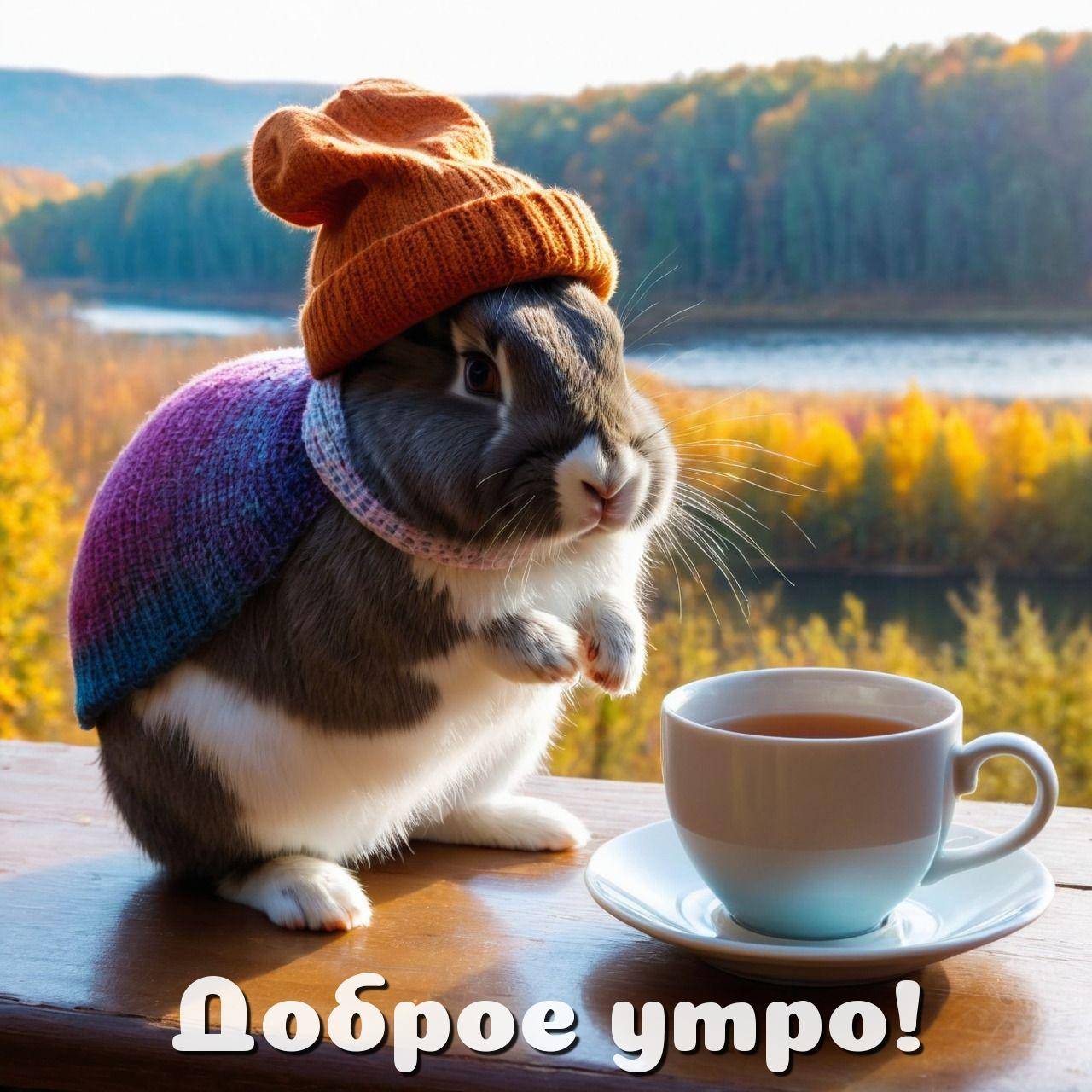 Утро, кролик в шапке и одежде сидит с чаем