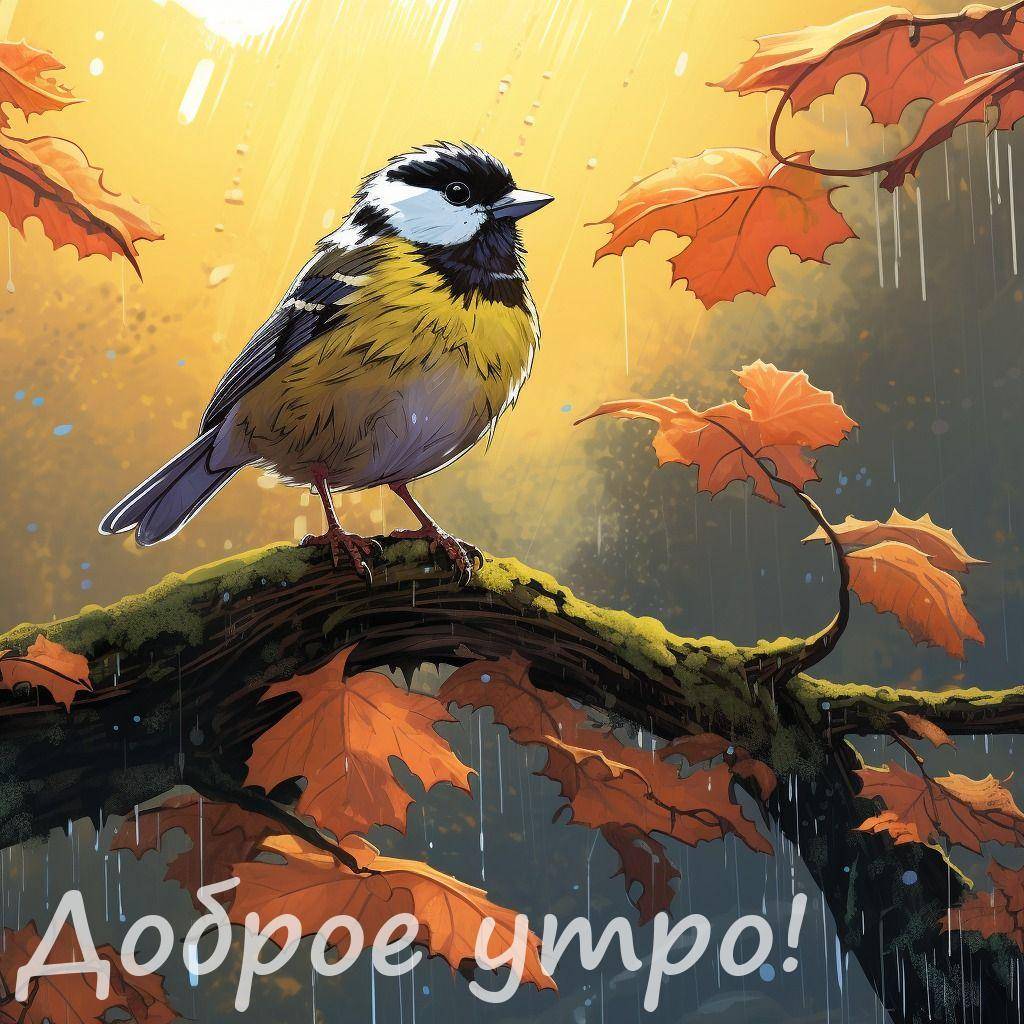 Утро, маленькая птичка на мшистой ветке под дождем