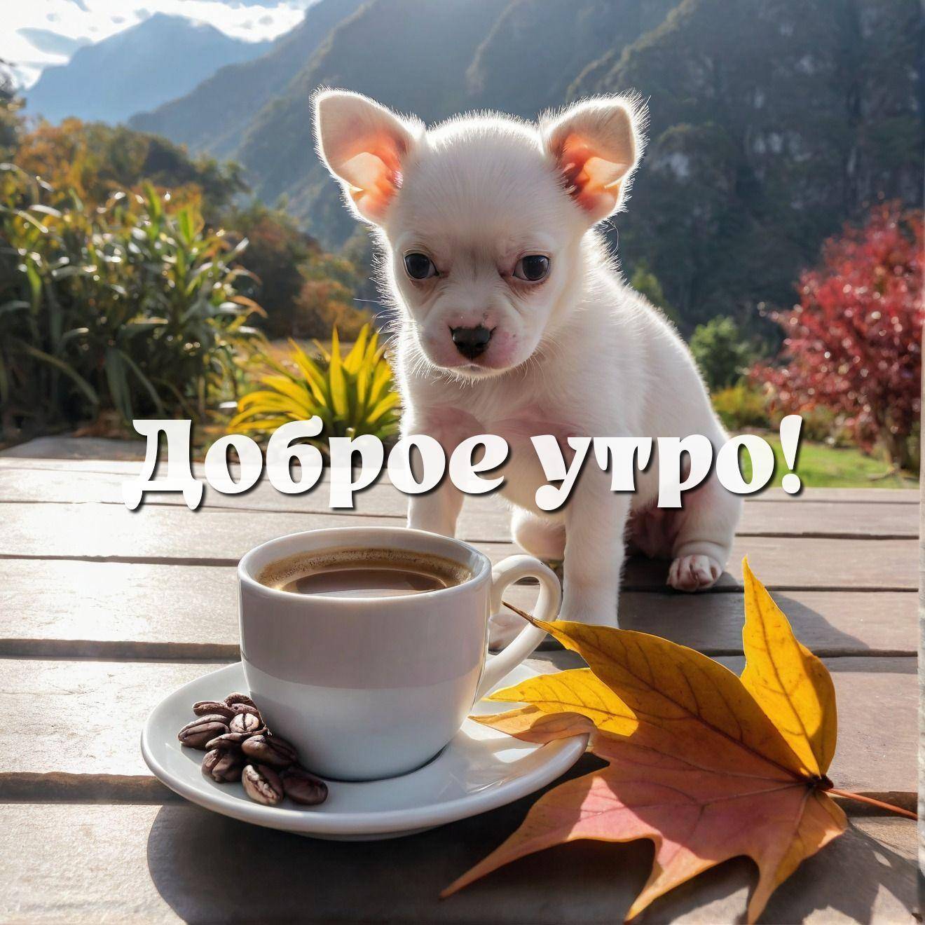 Утро, маленький щенок на столе с кофе на фоне природы