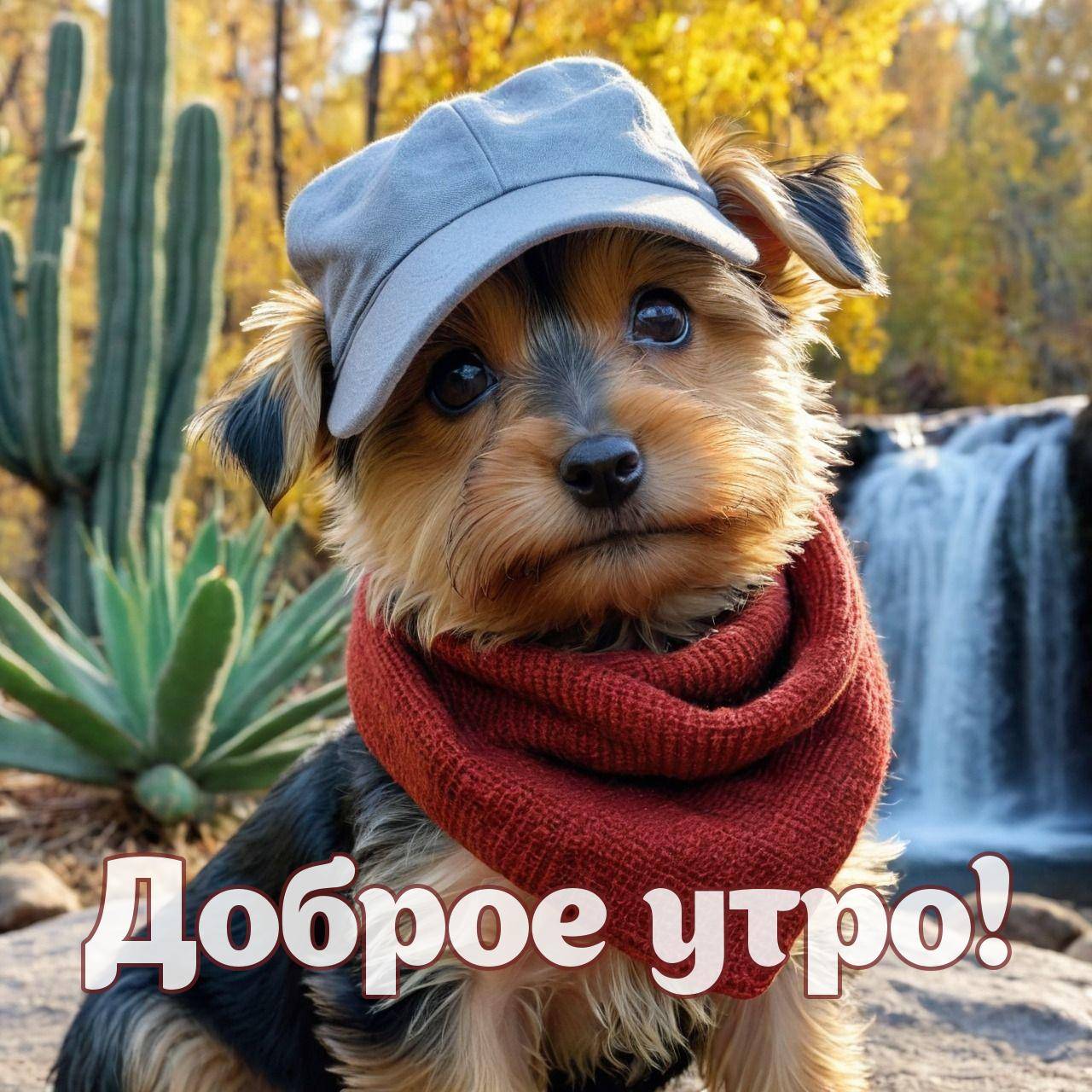 Утро, милая собачка в кепке и красном шарфе