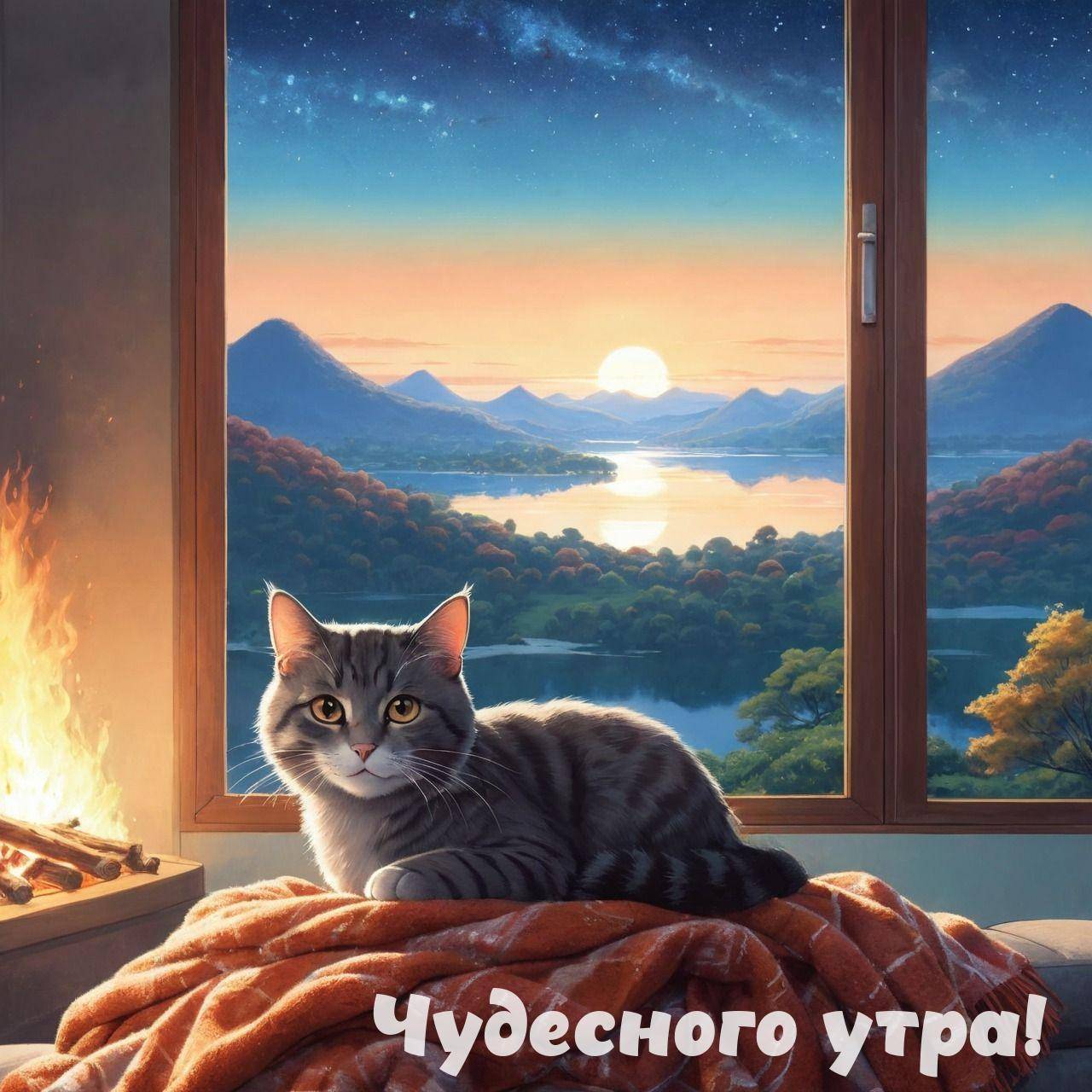 Утро, милый кот на мягком одеяле перед камином