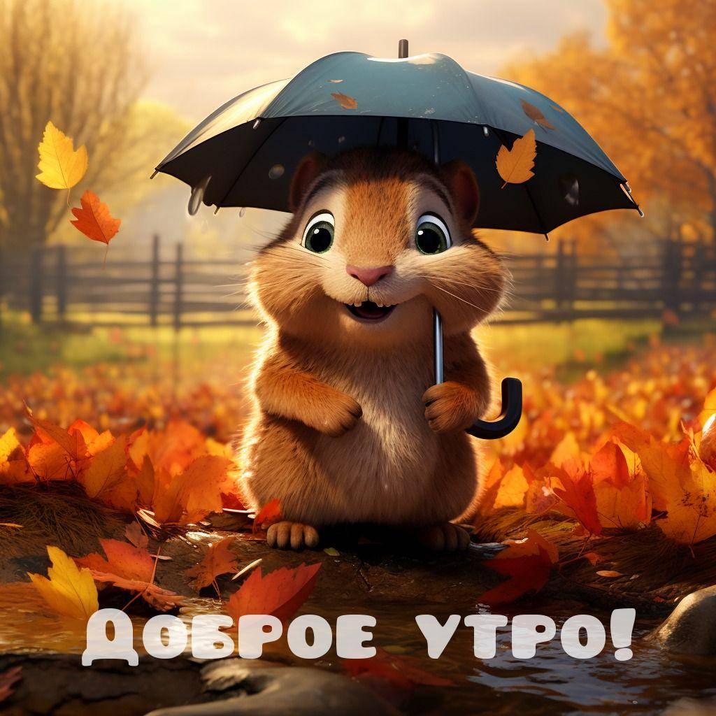 Утро, милый мультяшный бурундук с зонтиком на фоне осеннего пейзажа
