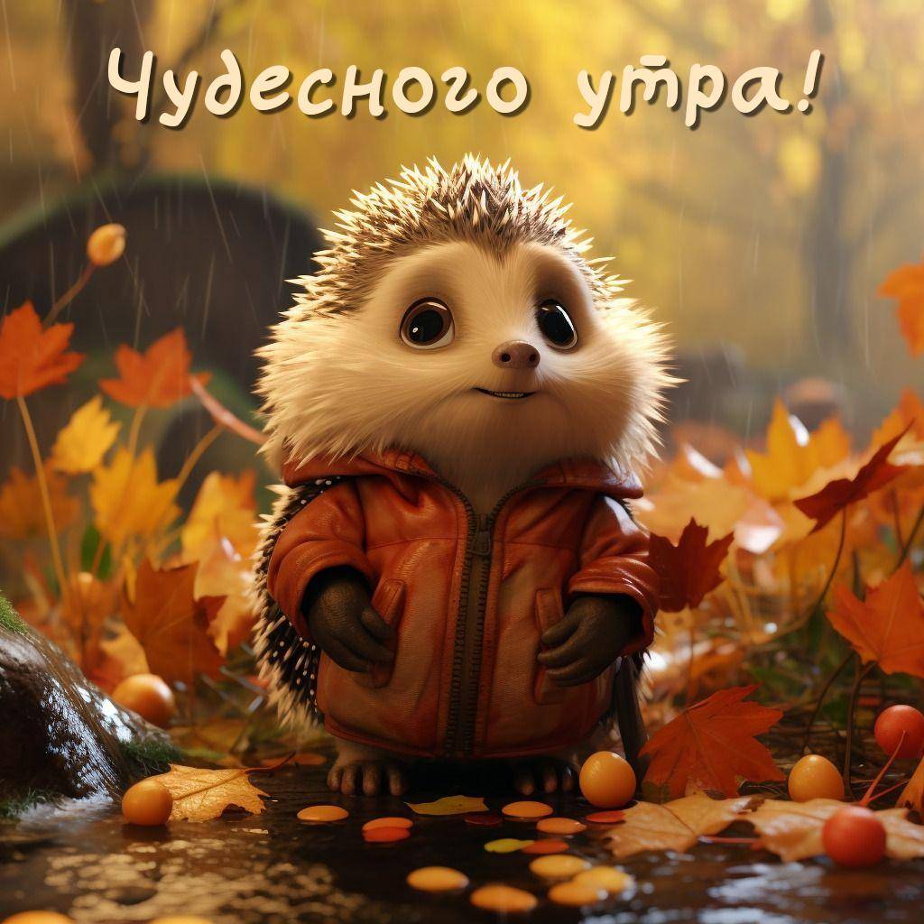 Утро, милый ёжик в оранжевой куртке среди осенних листьев