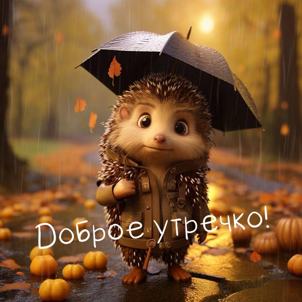 Утро, милый ёжик в пальто и с зонтом под дождём