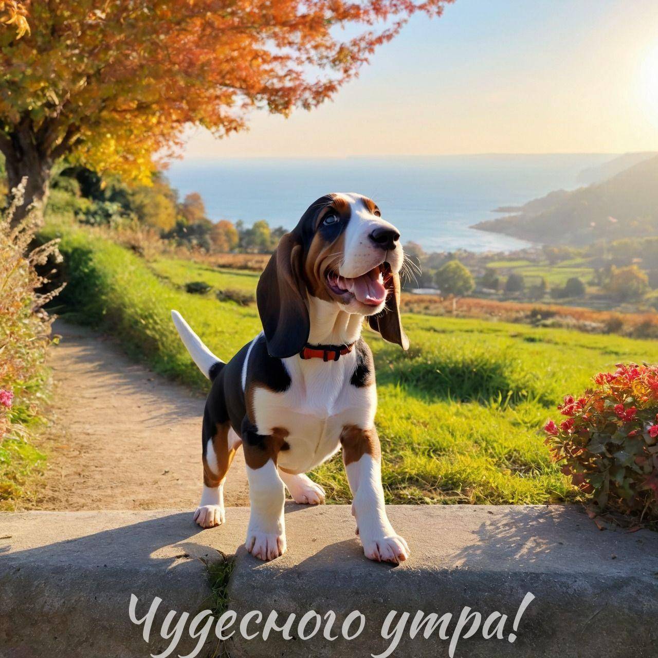 Утро, молодой бассет-хаунд на тропинке с пейзажем