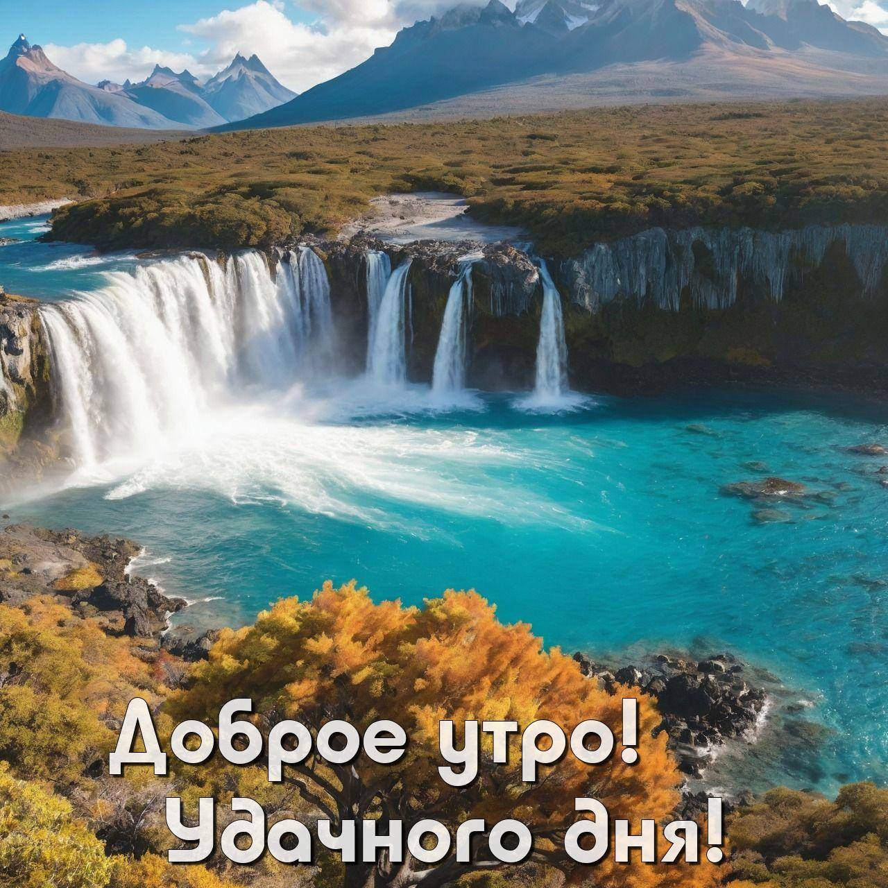 Утро, мощный водопад, бирюзовая река и зелёная растительность