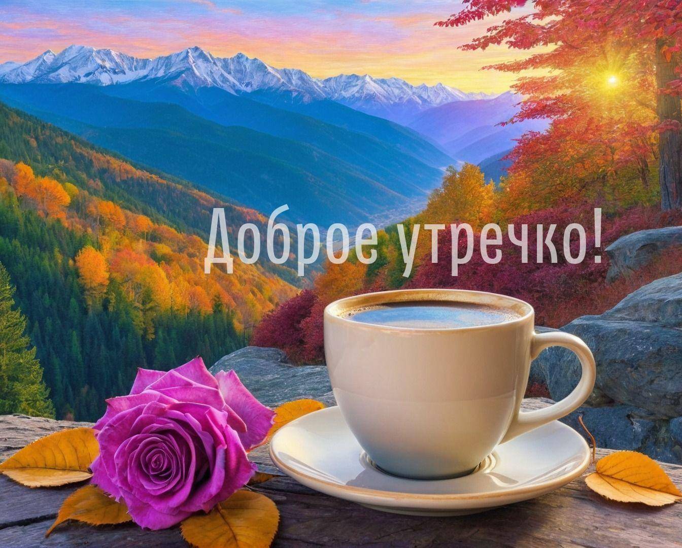 Утро, на переднем плане чашка кофе, осенний пейзаж