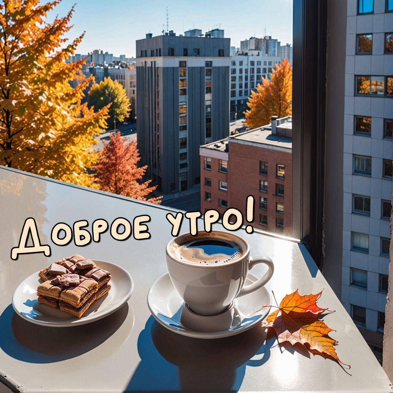 Утро, на столе возле окна стоят чашка кофе и десерт