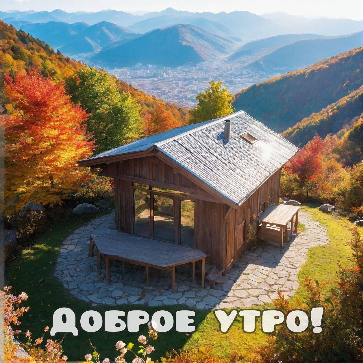 Утро, небольшой деревянный домик в живописной местности