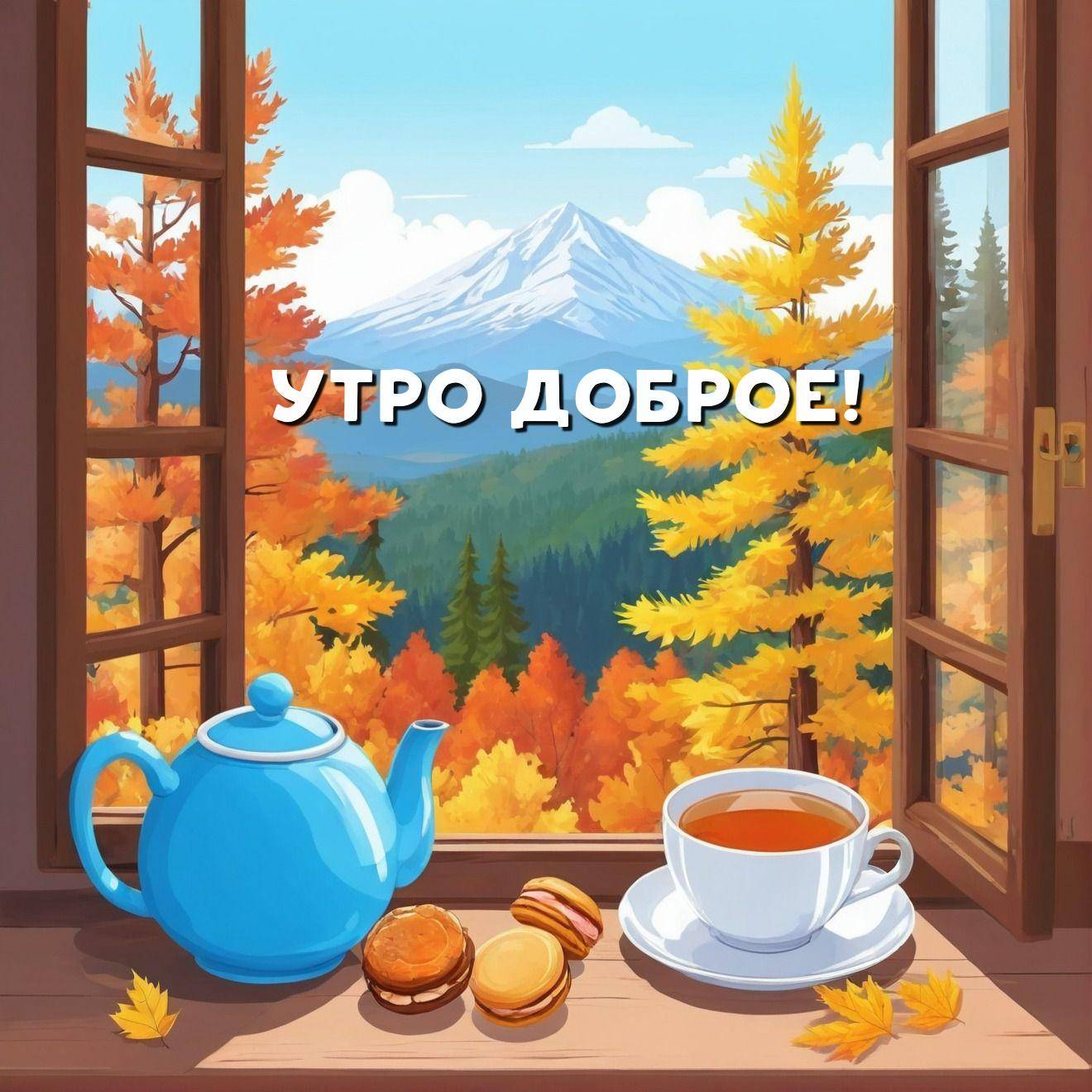 Утро, окно с видом на заснеженные горы и осенний лес