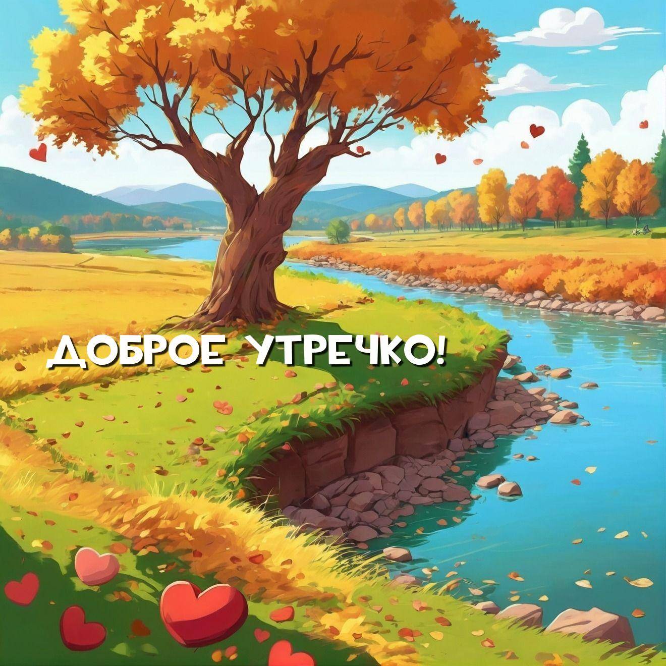 Утро, осенний пейзаж с деревом и рекой