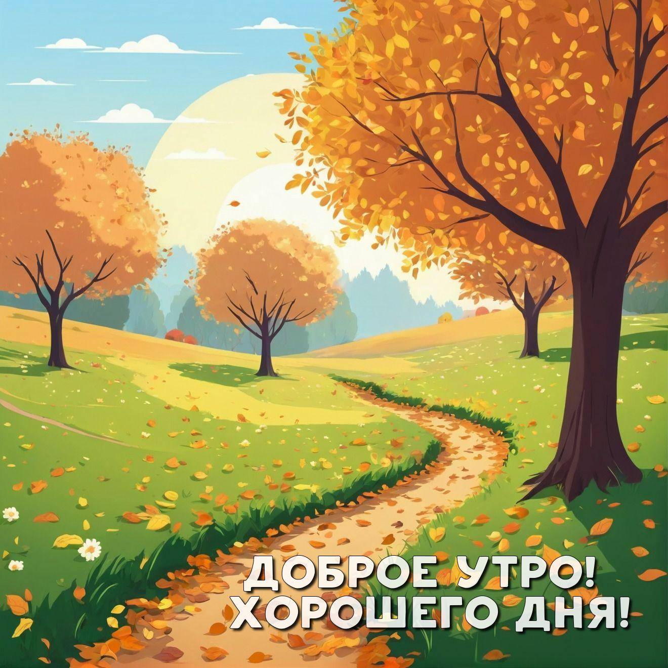 Утро, осенний пейзаж с дорогой и деревьями