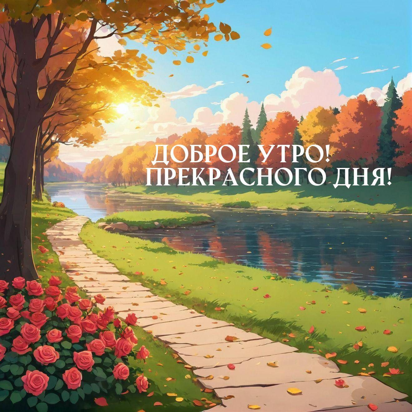 Утро, осенний пейзаж с рекой, дорожкой и деревьями.