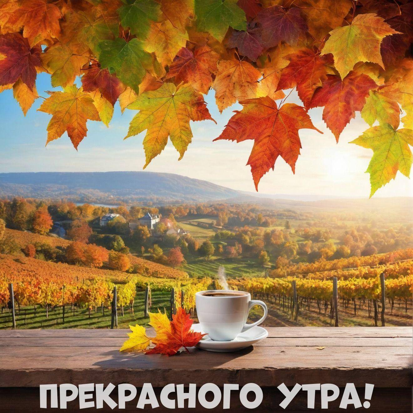 Утро, осенний пейзаж с виноградником и горами