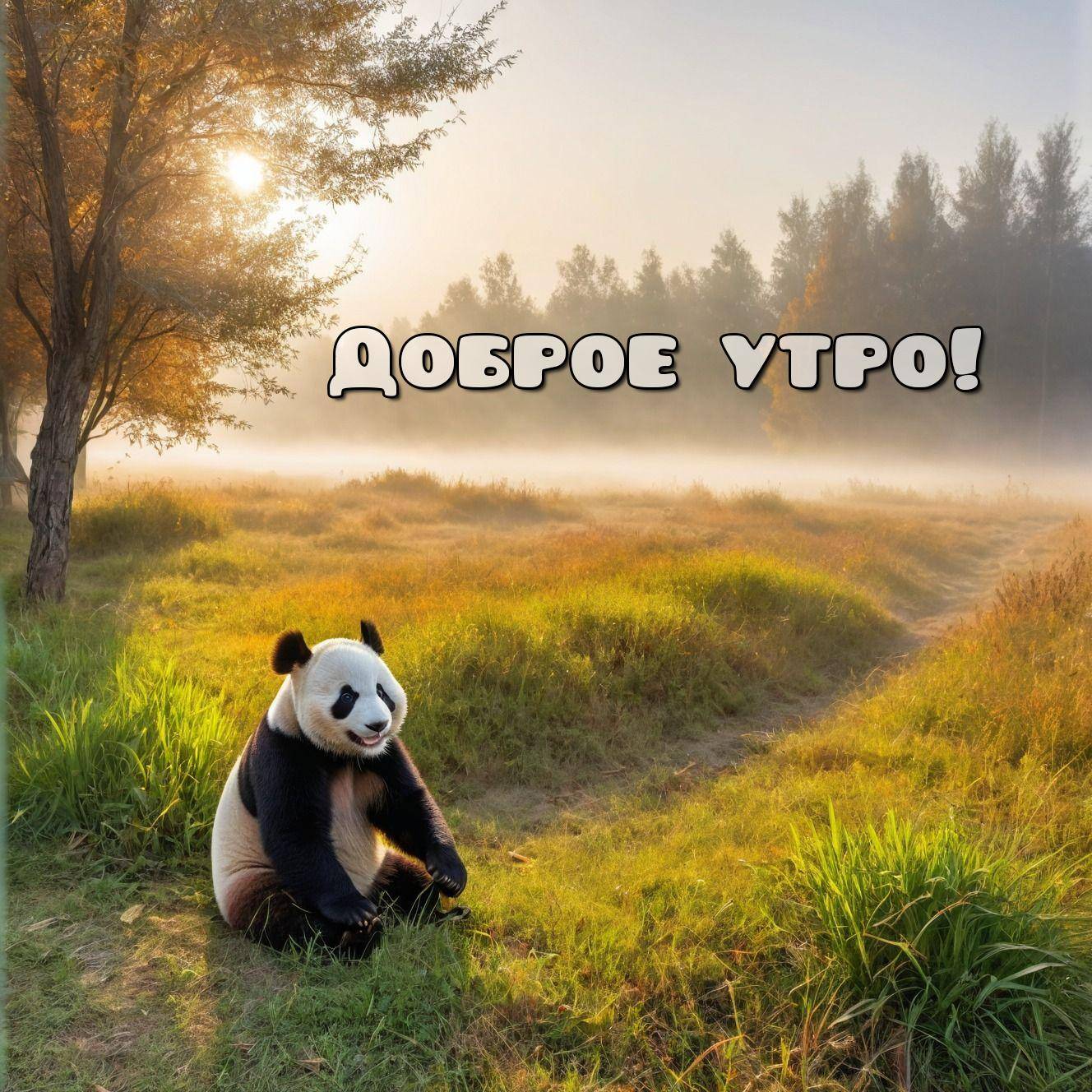 Утро, панда на траве среди зеленой растительности с деревьями на заднем плане