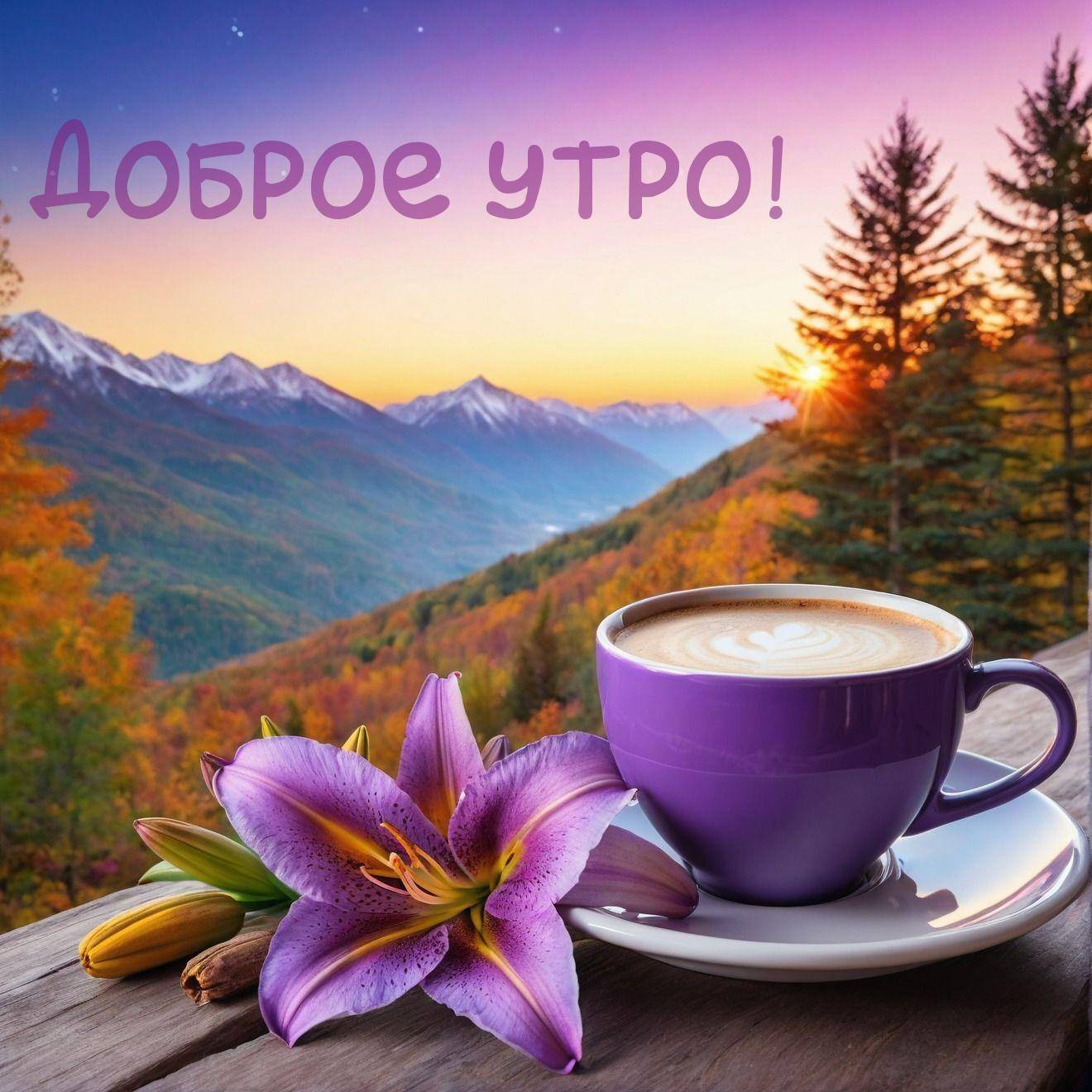 Утро, пейзаж с горным фоном на рассвете
