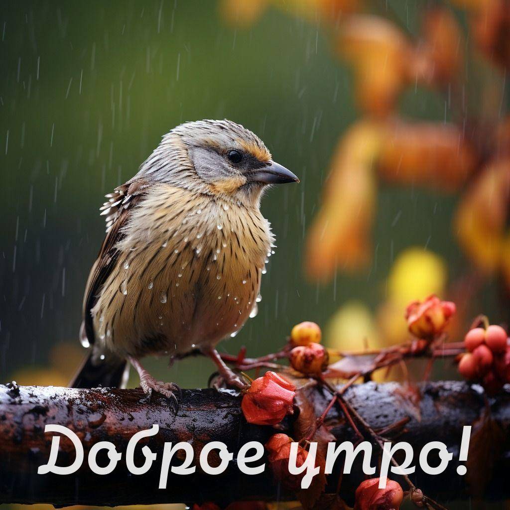 Утро, птица на ветке в дождь, покрытая каплями воды.