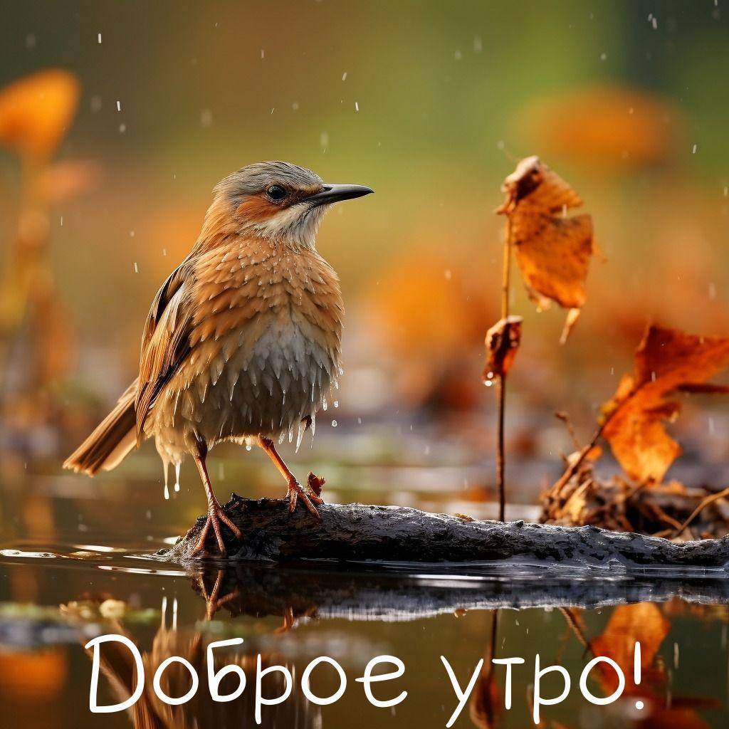 Утро, птица на ветке в воде, капли дождя падают