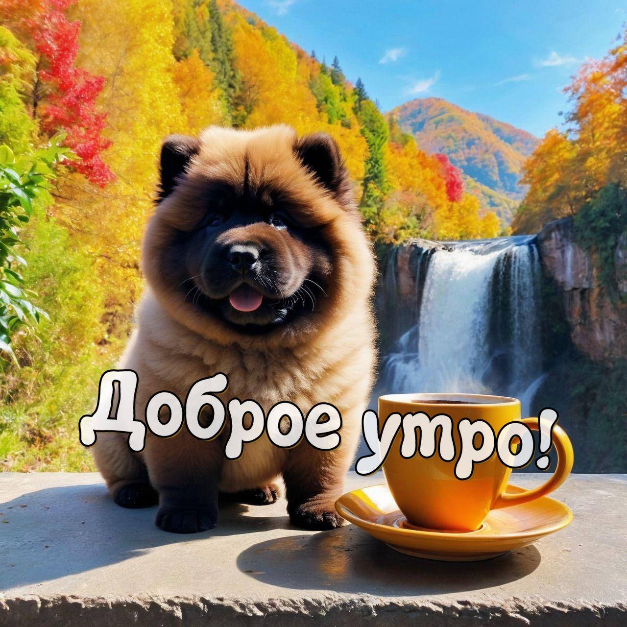 Утро, пушистый щенок, водопад, лес, чашка