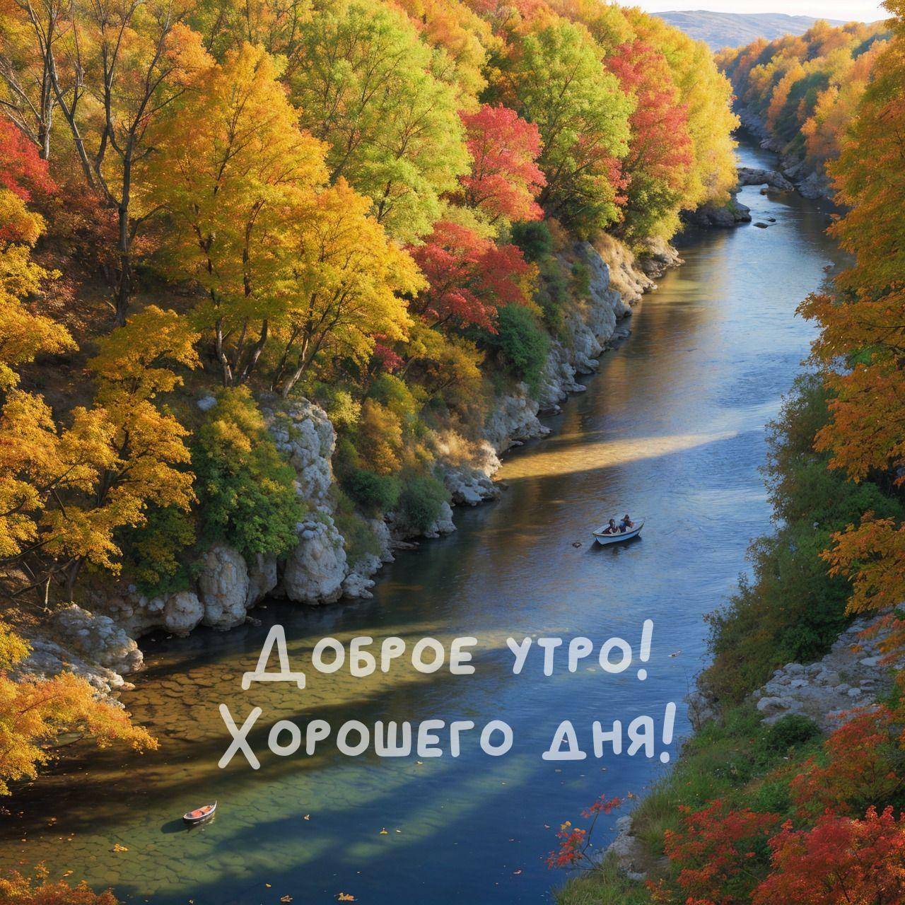 Утро, речная долина с осенними деревьями и лодкой