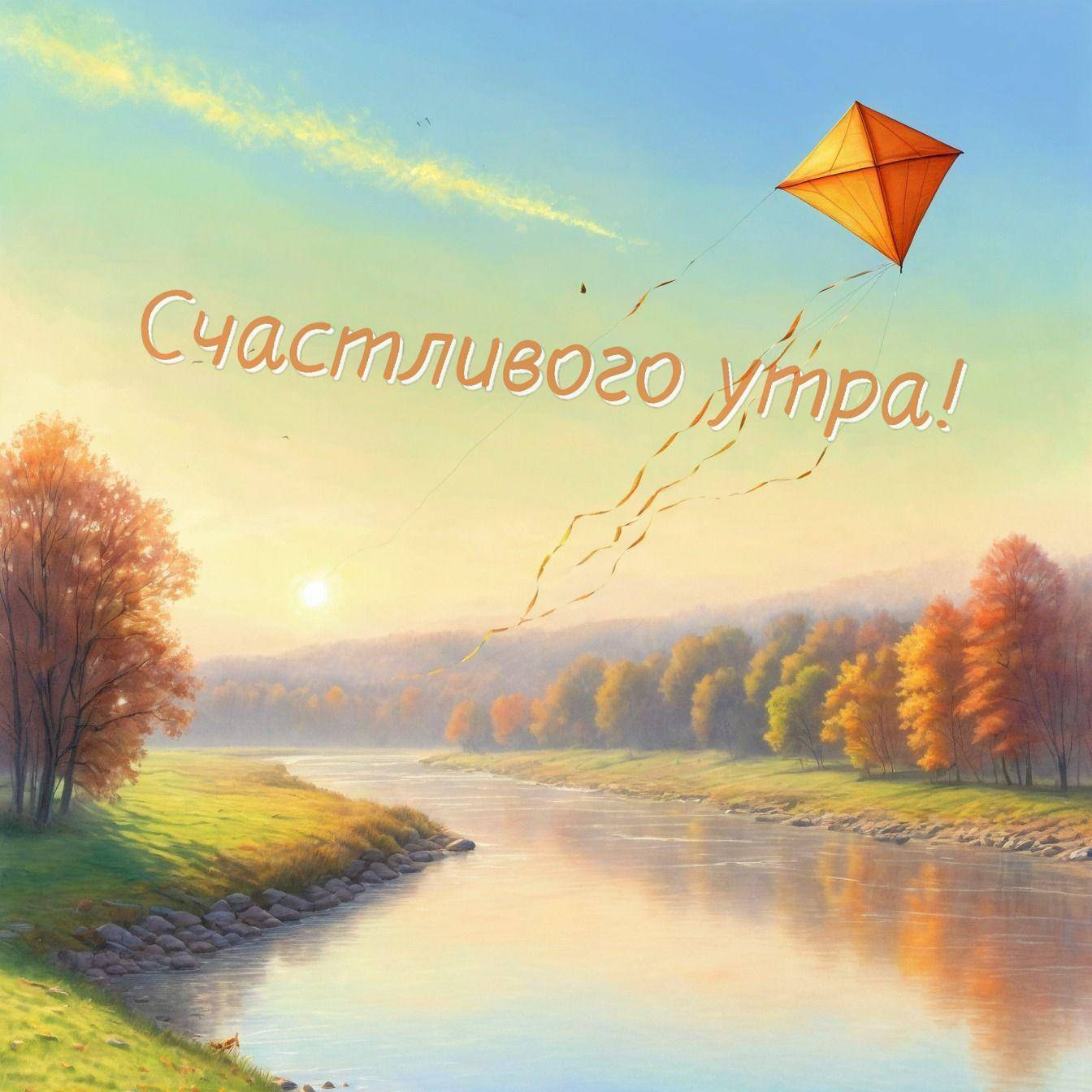 Утро, река с тихой водой, воздушный змей, деревья
