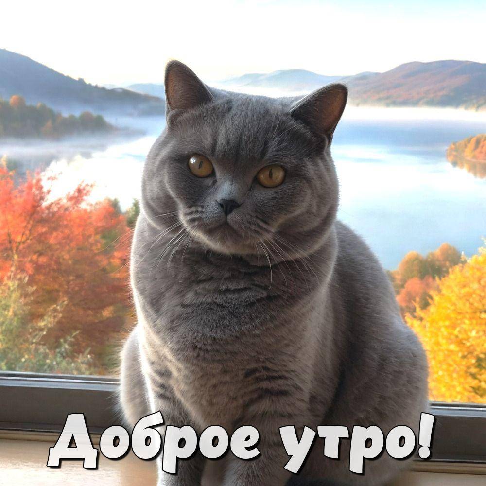 Утро, серый кот с желтыми глазами сидит на подоконнике