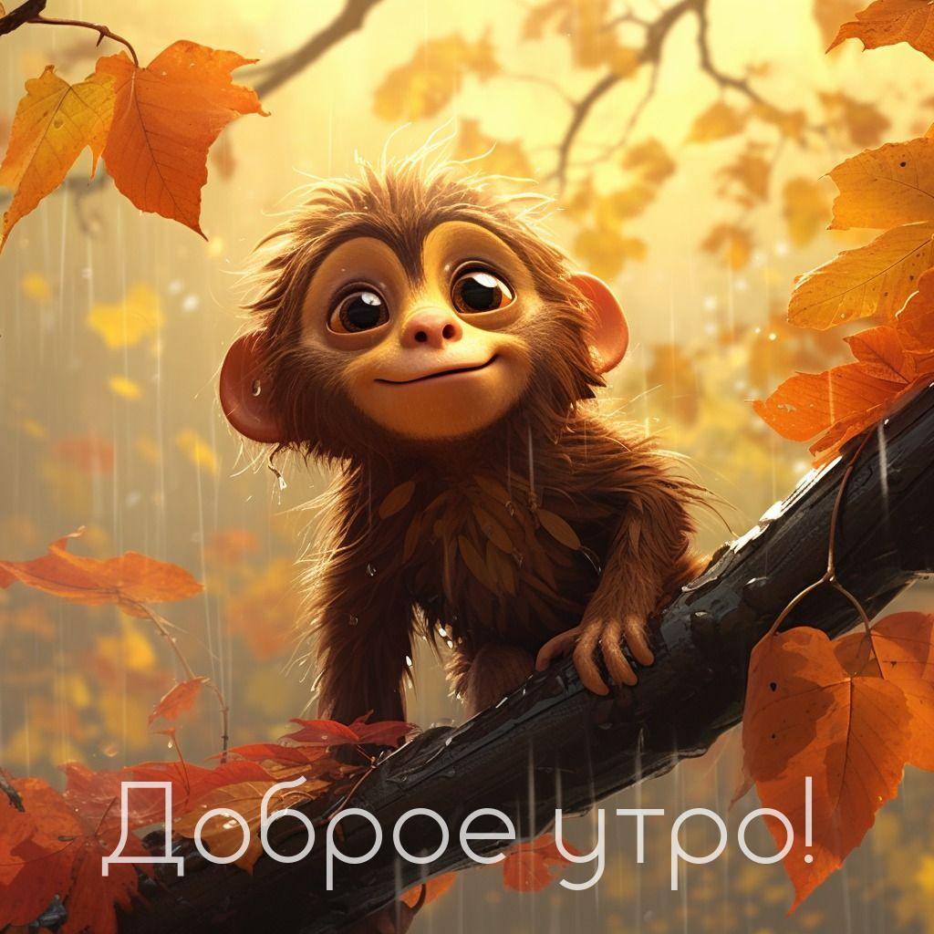 Утро, симпатичная мультяшная обезьянка на ветке с осенними листьями