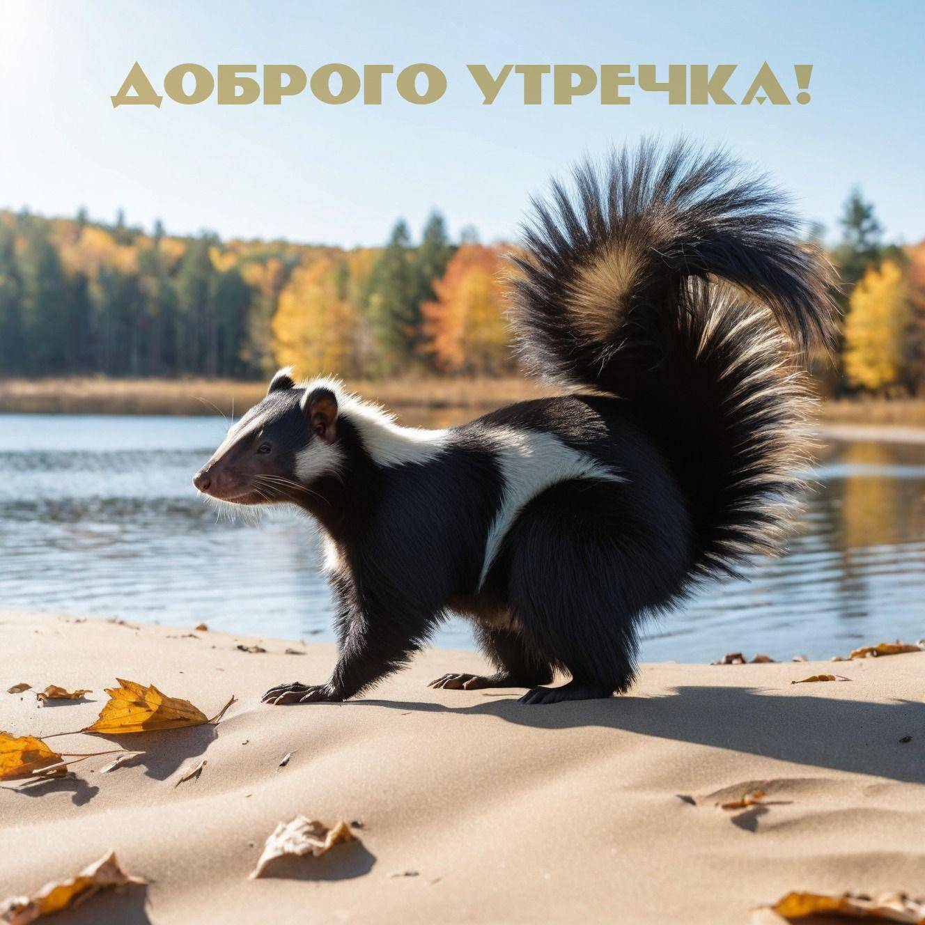 Утро, скунс на песчаном берегу с осенними листьями