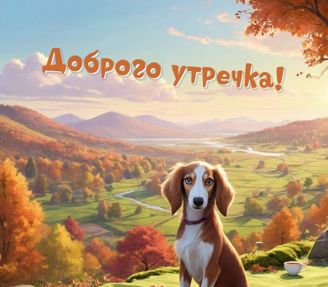 Утро, собака сидит на холме с осенними деревьями