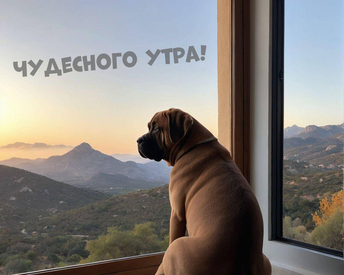 Утро, собака у окна с видом на горы