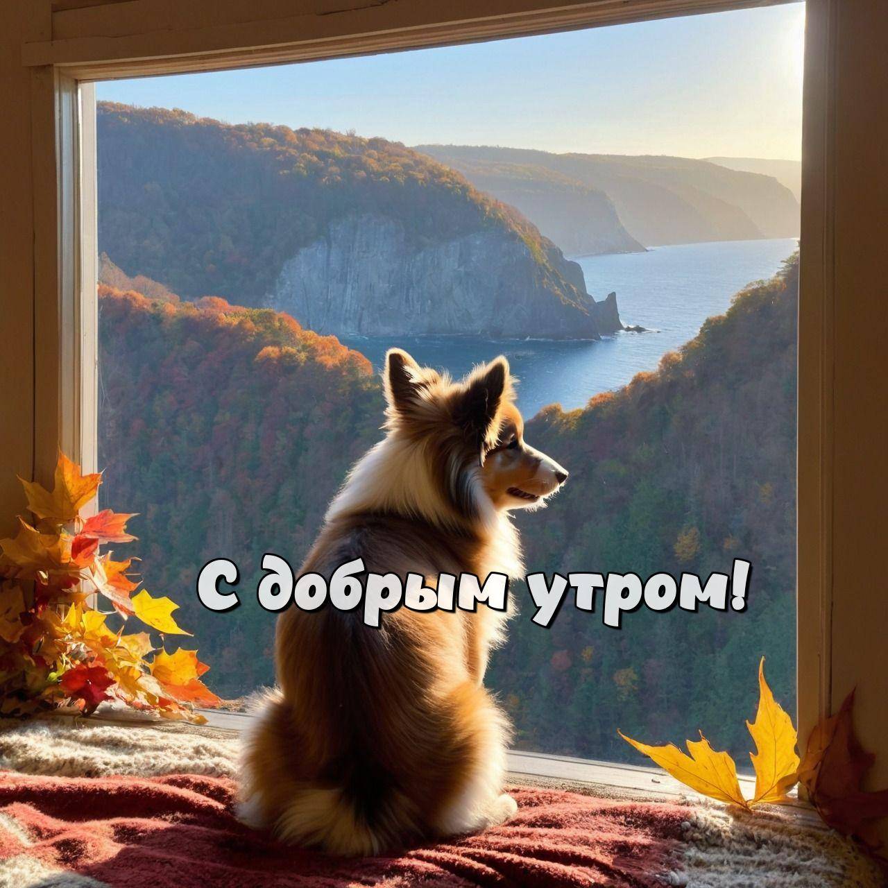 Утро, собака у окна, скалистые горы и море