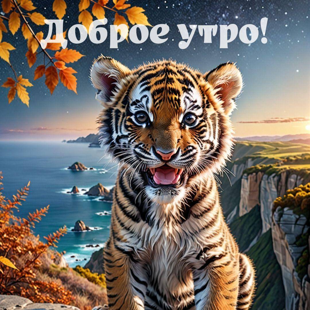 Утро, тигренок на фоне осеннего пейзажа с оранжевыми листьями