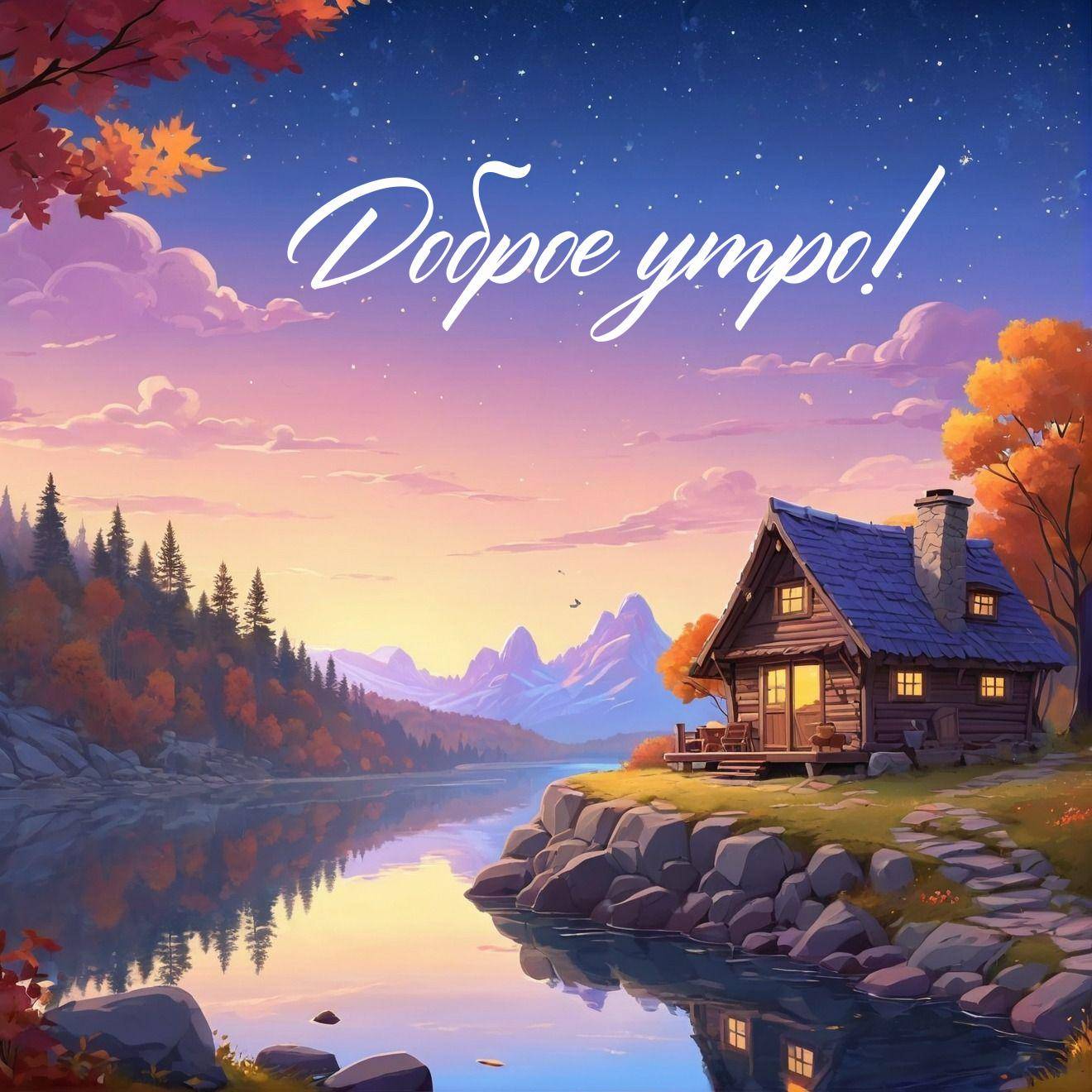 Утро, уютный домик на берегу озера осенью