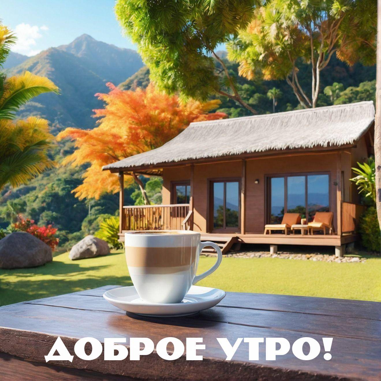 Утро, уютный домик с соломенной крышей и осенним пейзажем
