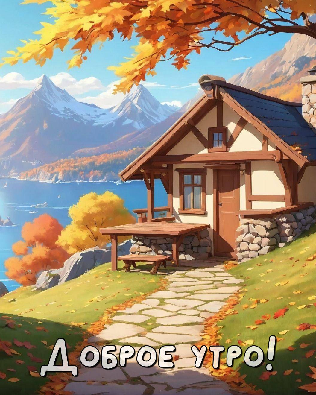 Утро, уютный домик в осеннем пейзаже
