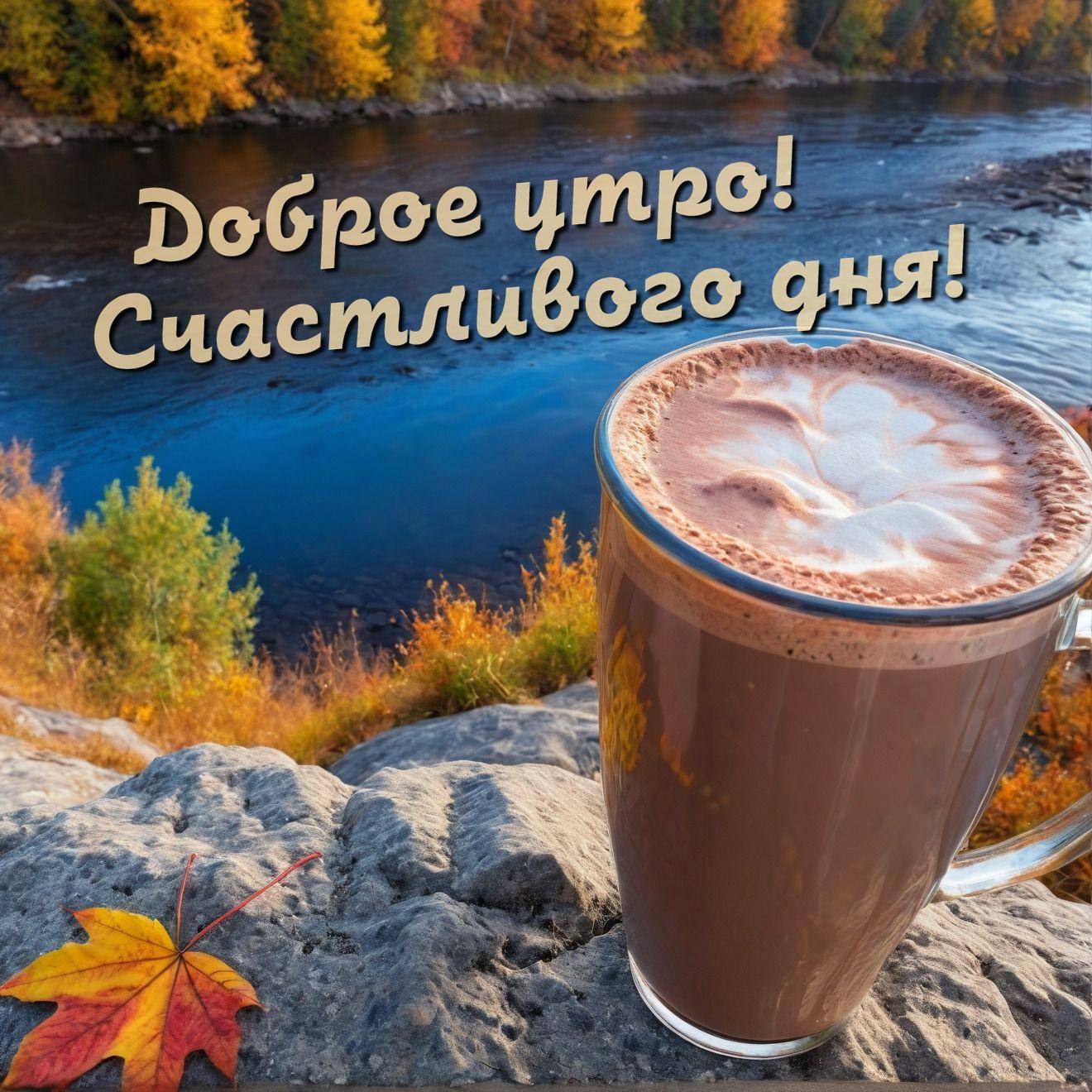 Утро, вид на реку и кружка с напитком на камне