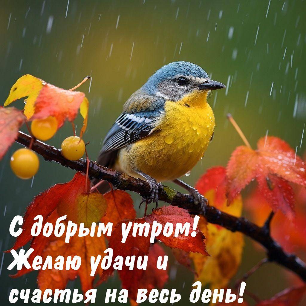 Утро, яркая птица с жёлтой грудкой на ветке с осенними листьями