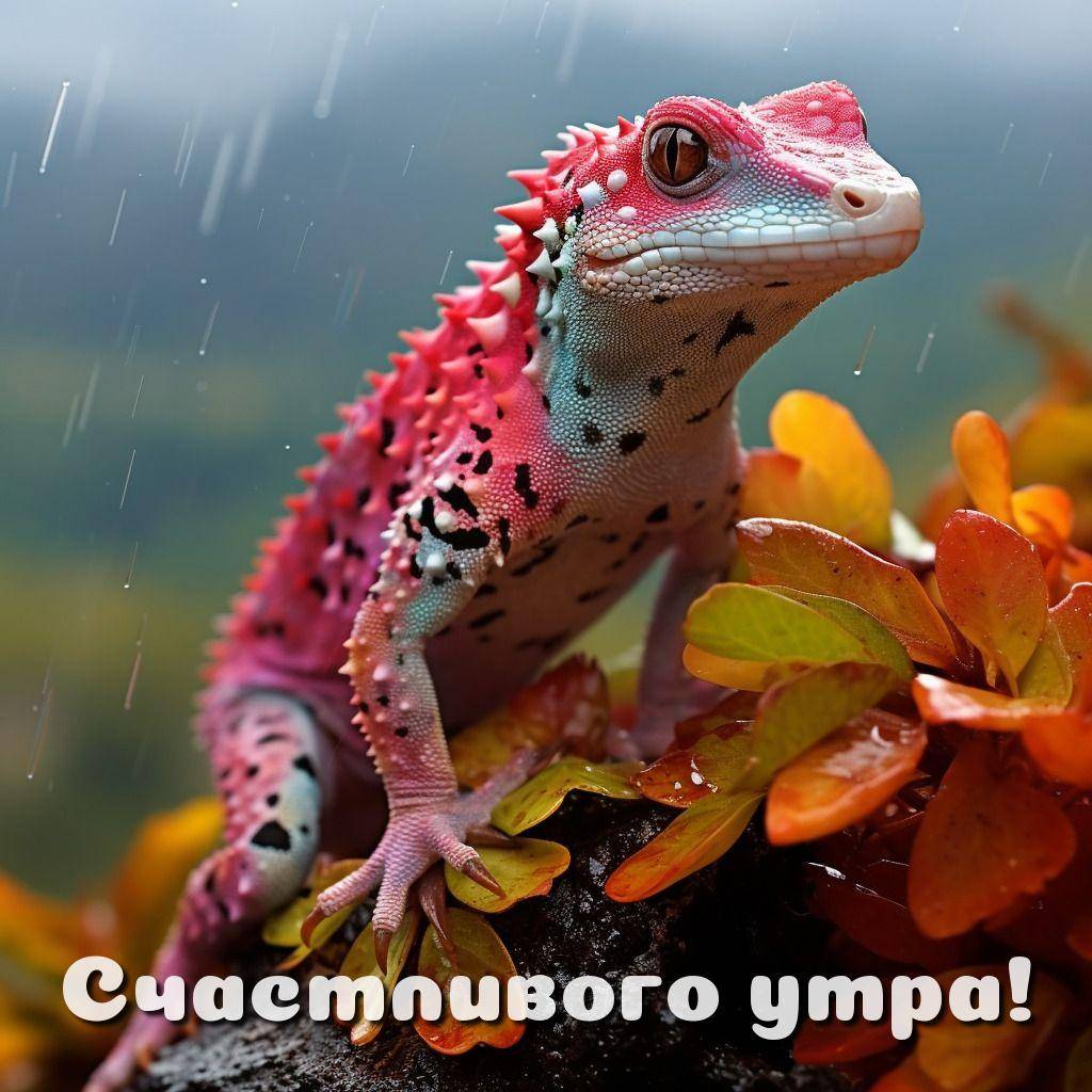 Утро, яркая ящерица с розовыми и голубыми оттенками