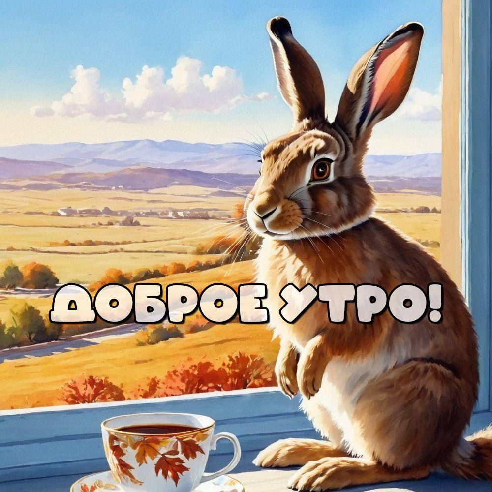 Утро, заяц сидит на подоконнике рядом с чашкой чая.