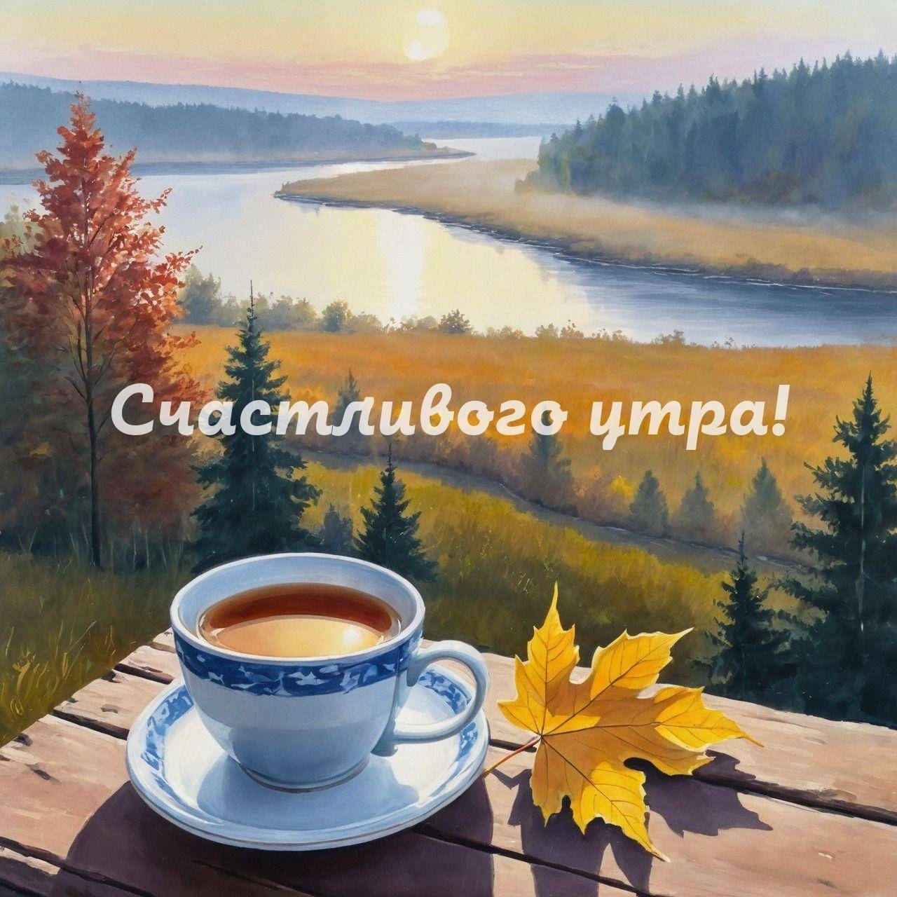 Утро, живописный осенний пейзаж с чашкой и листом