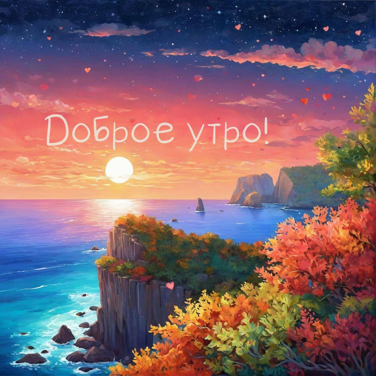 Утро, живописный пейзаж с морем, берегом и осенними деревьями