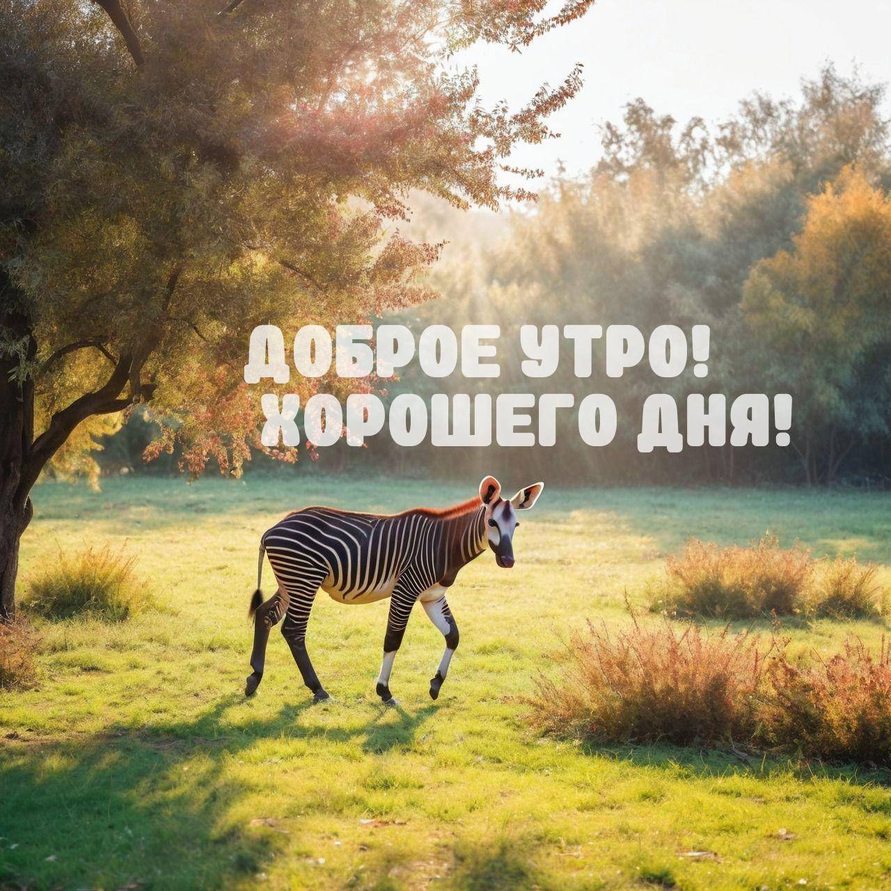 Утро, животное с полосатой окраской, стоящее на траве