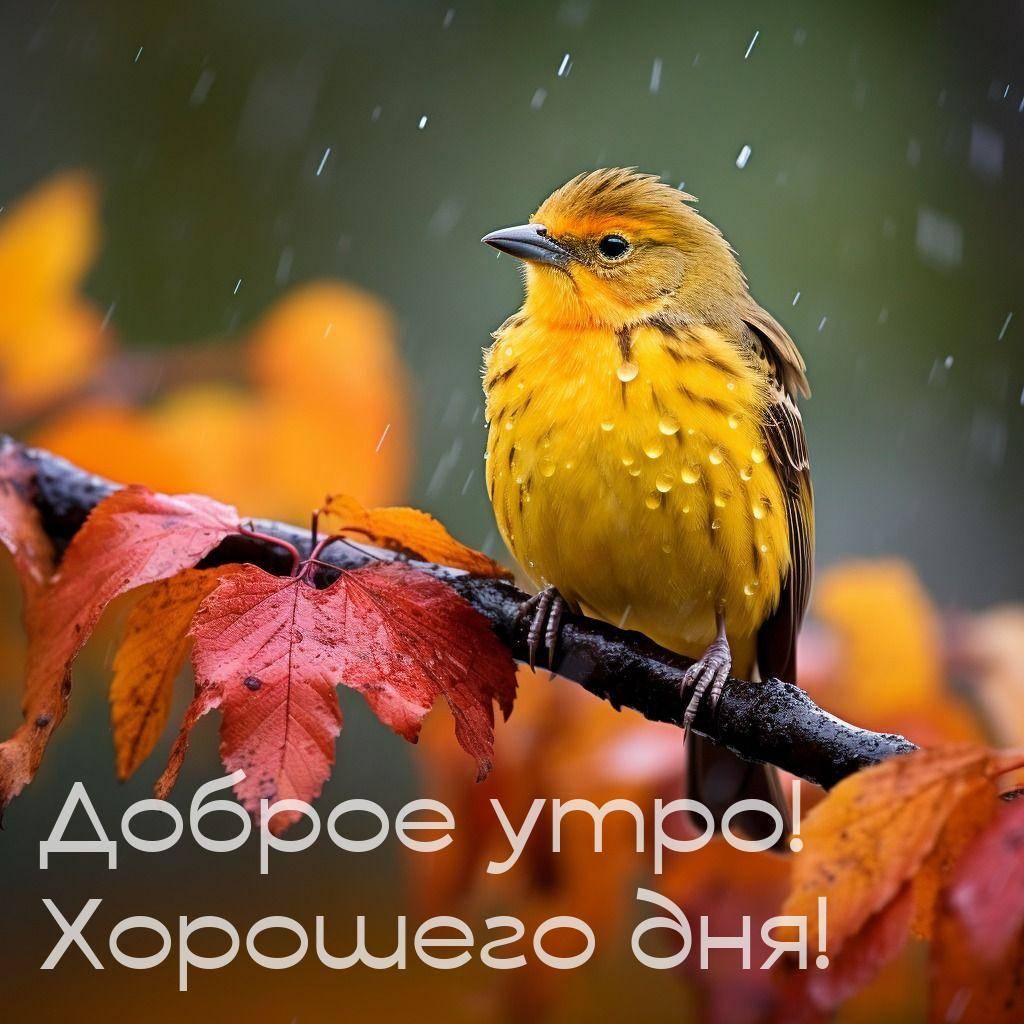 Утро, жёлтая птица на ветке с осенними листьями
